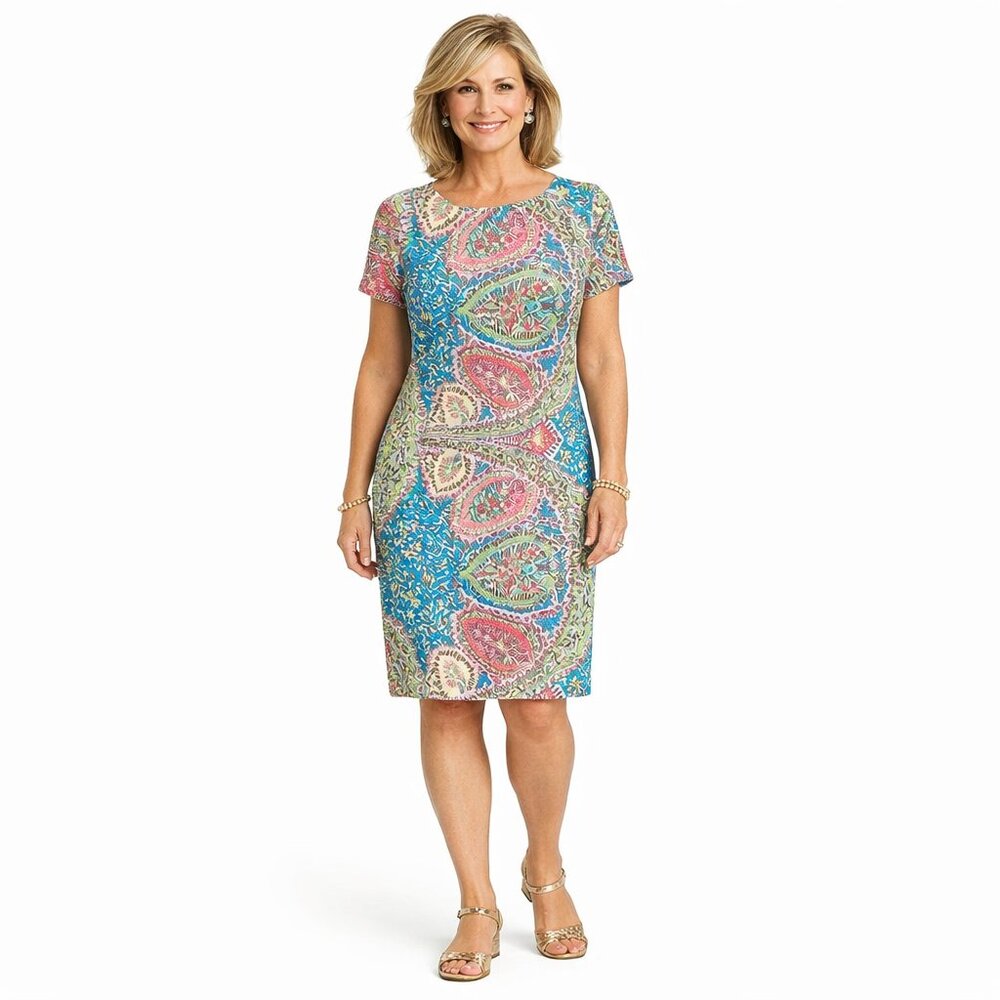 Petite Silk Dress 12P Talbots Blue Green Midi Cruise Travel Church